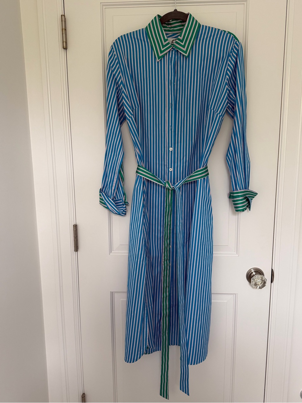 Blue Stripe Long-Sleeve Shirt Dress with Green Trim